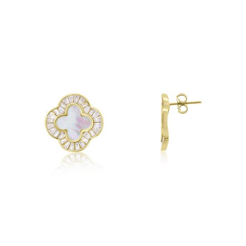 Large Mother of Pearl CZ Clover Stud Earrings