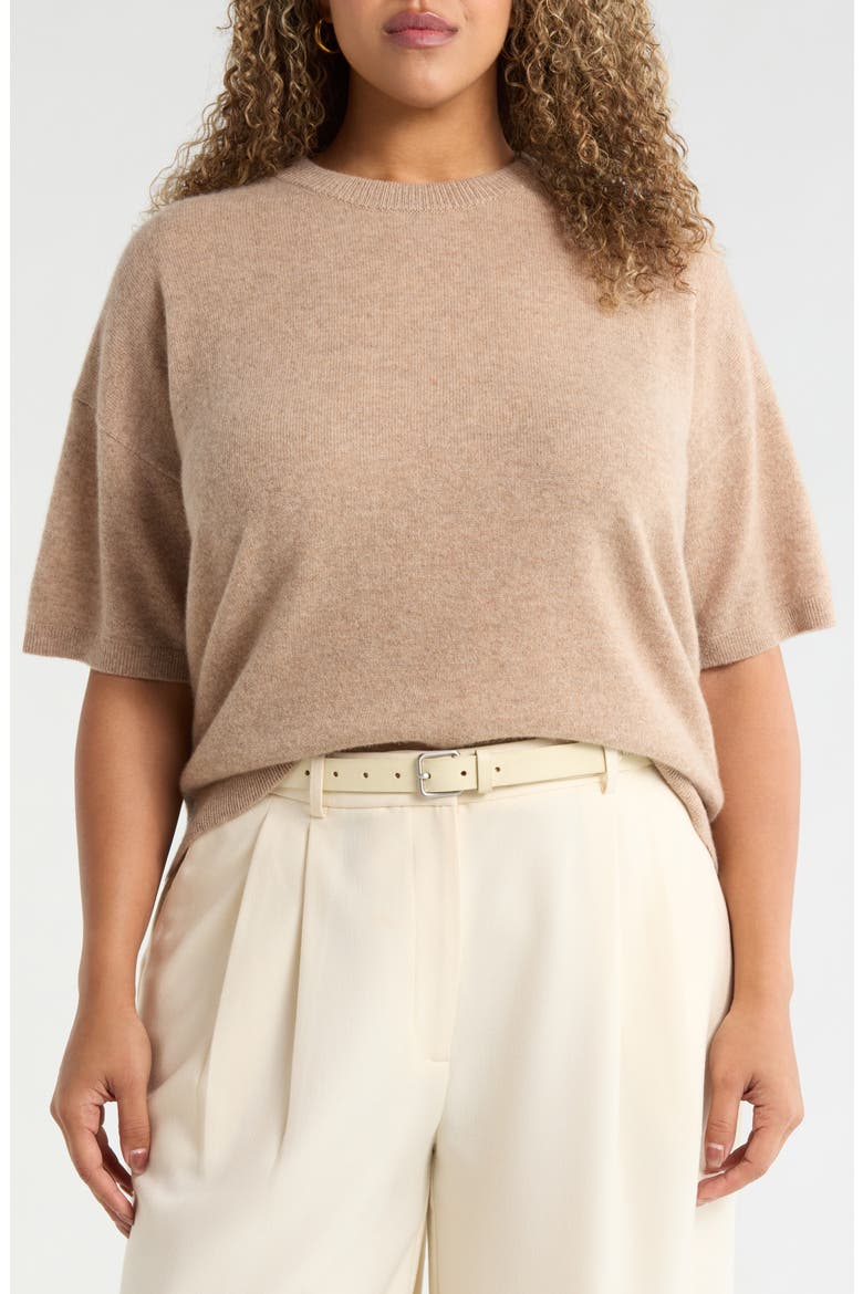 Short Sleeve Cashmere Sweater, Main, color, TAN CAMEL DARK HEATHER