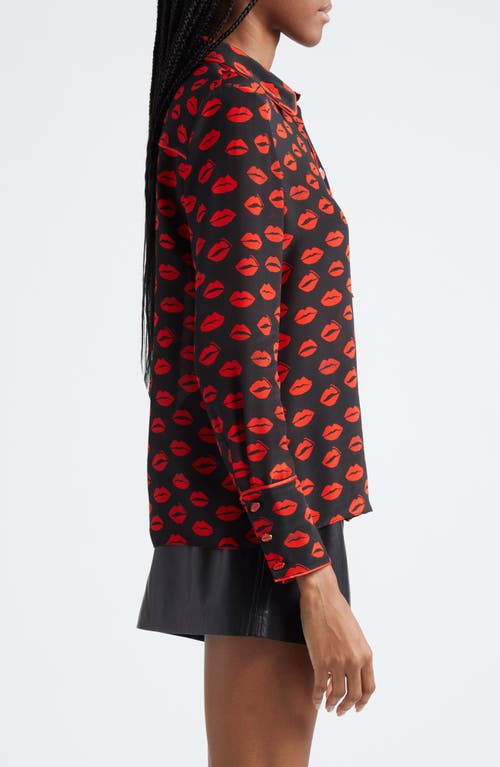 Alice And Olivia Willa Printed Silk Crepe De Chine Shirt In Kiss Kiss Black/bright Ruby