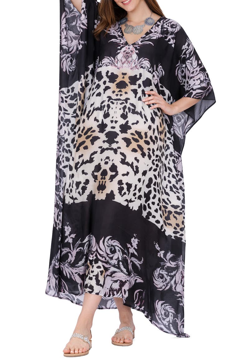 Animal Print V-Neck Maxi Caftan, Main, color, BLACK