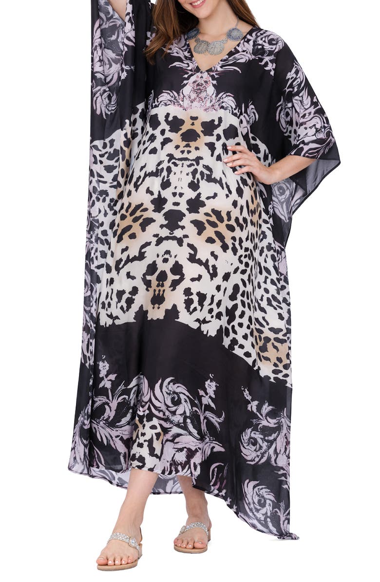 RANEES Animal Print V-Neck Maxi Caftan, Main, color, Black