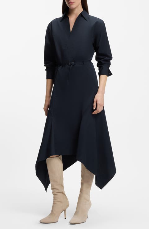 Doloh Long Sleeve Asymmetric Hem Cotton Midi Shirtdress