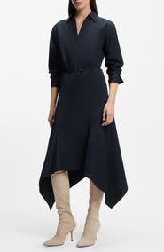 BOSS Doloh Long Sleeve Asymmetric Hem Cotton Midi Shirtdress
