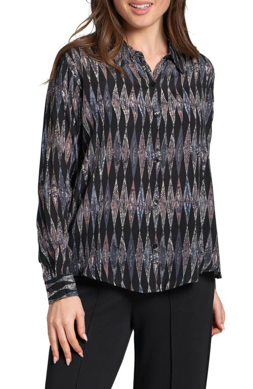 Apny Abstract Print Roll Tab Sleeve Chiffon Button-up Shirt In Black