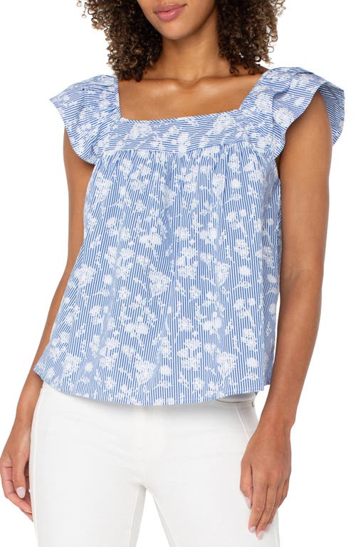 Liverpool Los Angeles Embroidered Ruffle Sleeve Top In Blue White Flower Stripe