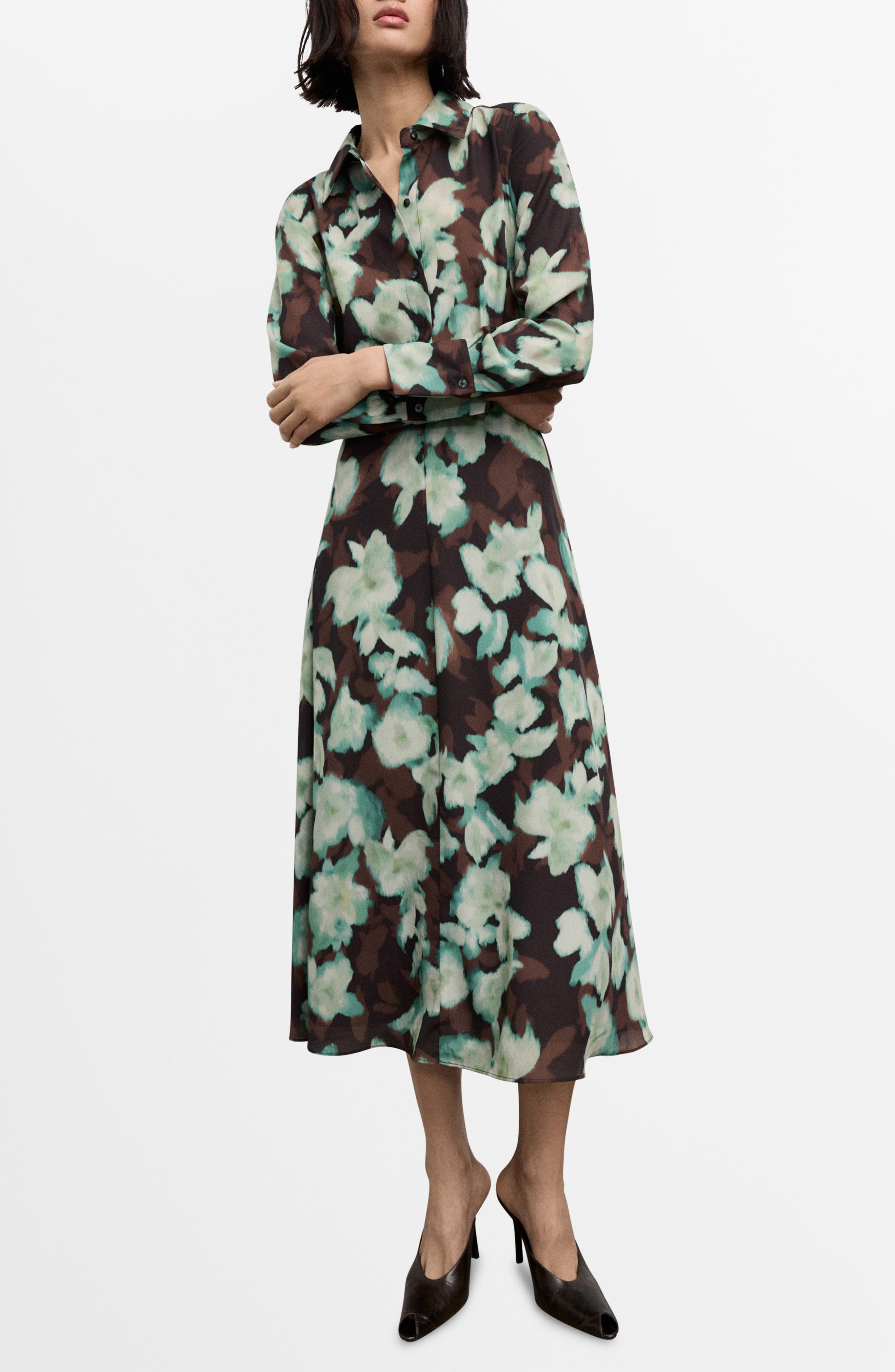 MANGO Print Belted Long Sleeve Maxi Shirtdress