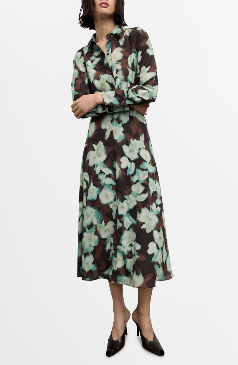 MANGO Print Belted Long Sleeve Maxi Shirtdress, Main, color, Teal And Brown Blooms