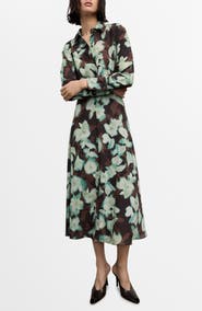 MANGO Print Belted Long Sleeve Maxi Shirtdress