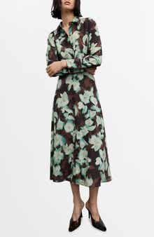MANGO Print Belted Long Sleeve Maxi Shirtdress