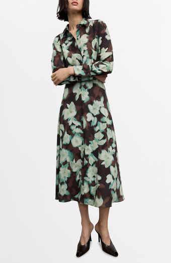 MANGO Print Belted Long Sleeve Maxi Shirtdress
