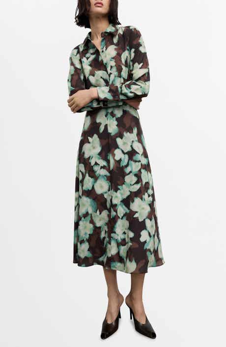 MANGO Print Belted Long Sleeve Maxi Shirtdress