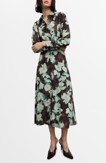 Mango Print Belted Long Sleeve Maxi Shirtdress
