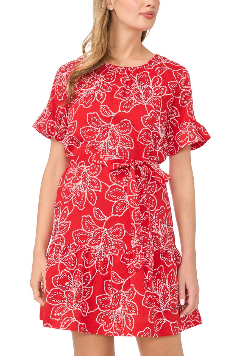 CeCe Tie Waist Cotton Minidress, Alternate, color,