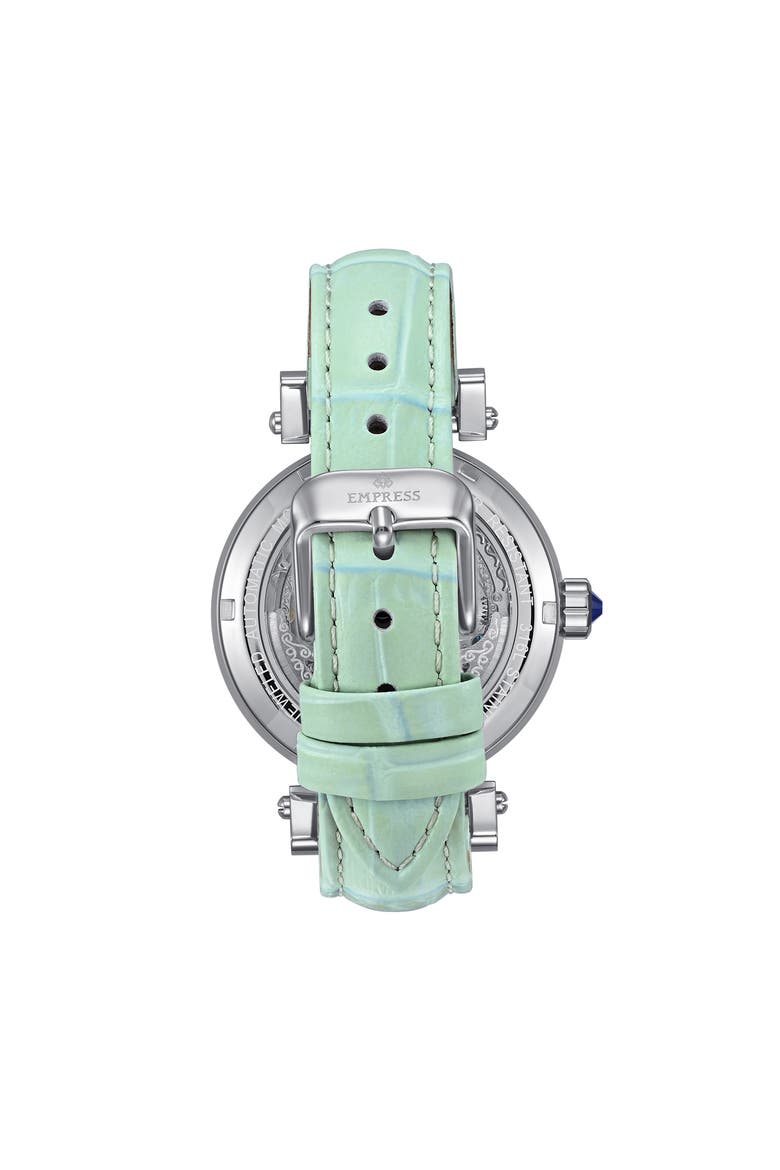 Theodora Automatic Skeleton Leather-Band Watch, Alternate, color, Green