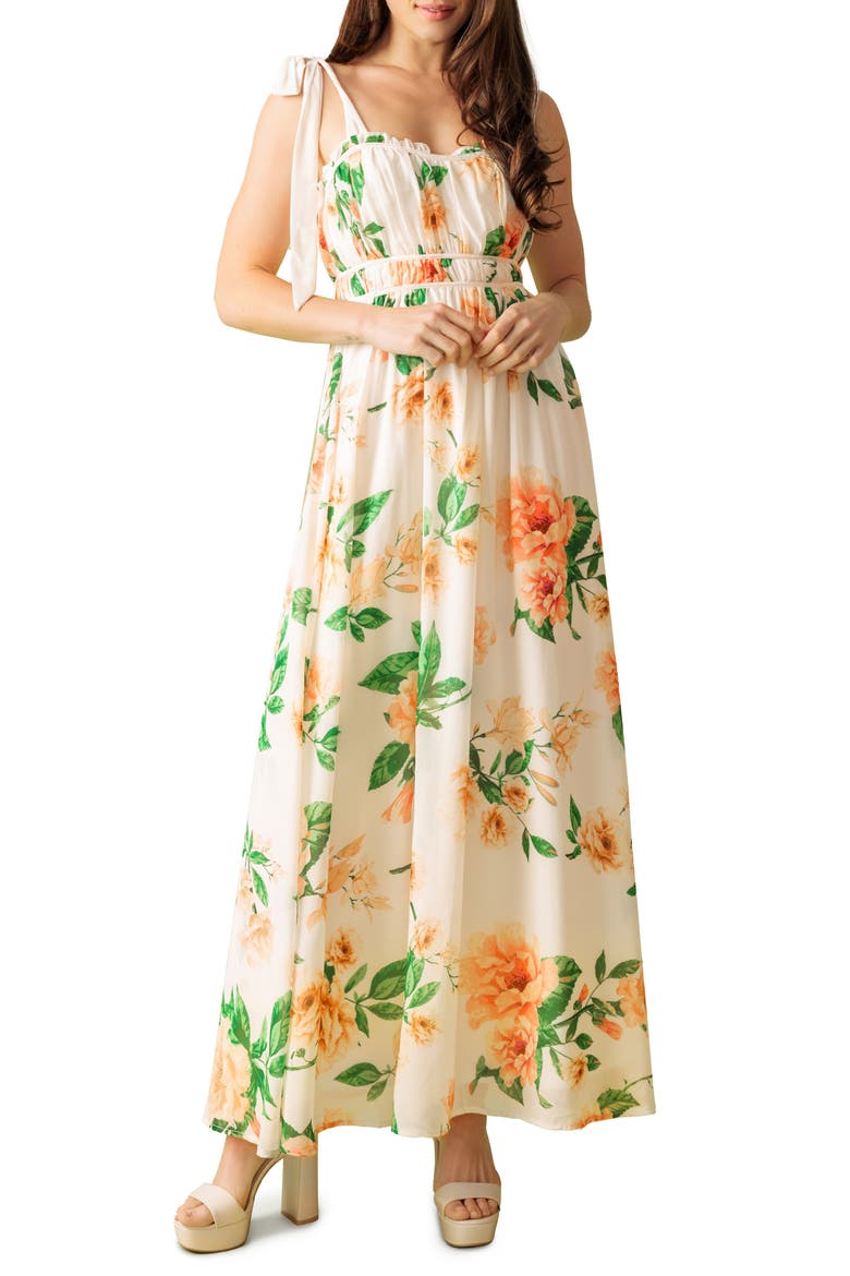 Floral Tie Strap Maxi Dress, Main, color, IVORY/ PEACH