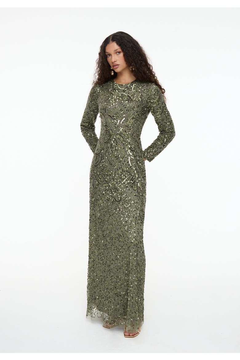 Modest Embellished Sequin Beaded Maxi Dress, Alternate, color, OLIVE