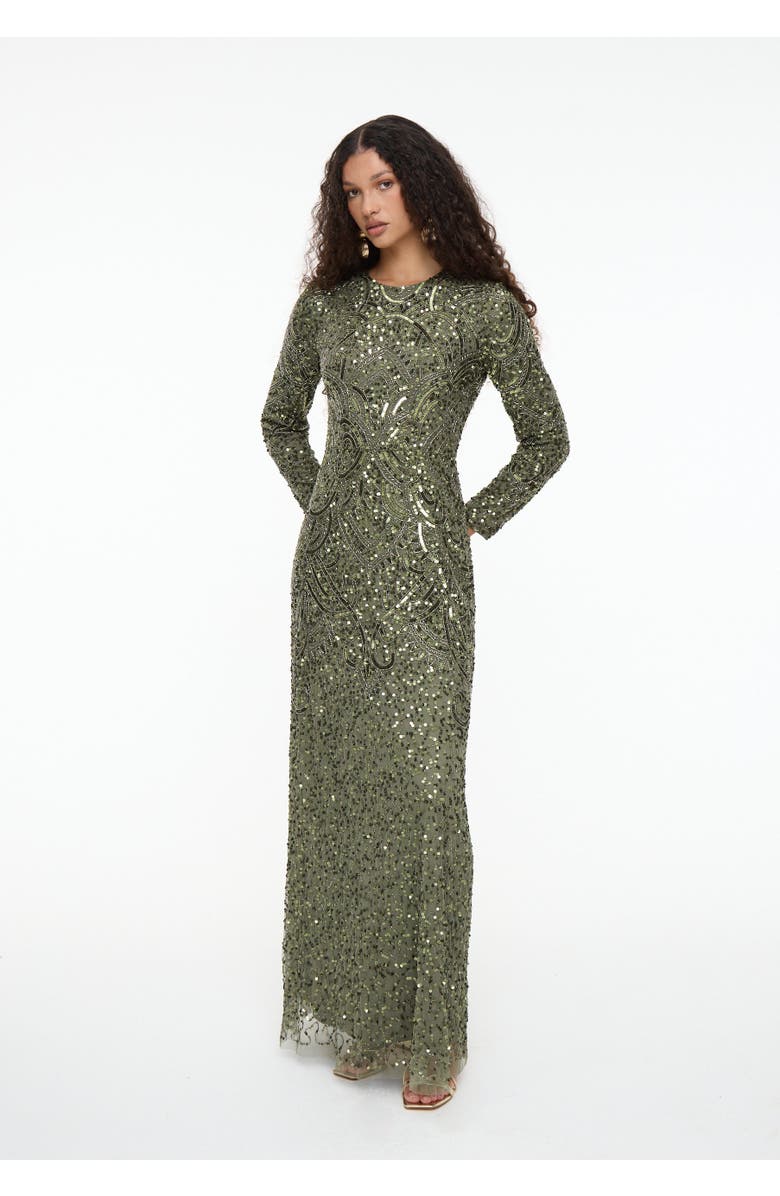 MARYISA Modest Embellished Sequin Beaded Maxi Dress, Alternate, color, Olive