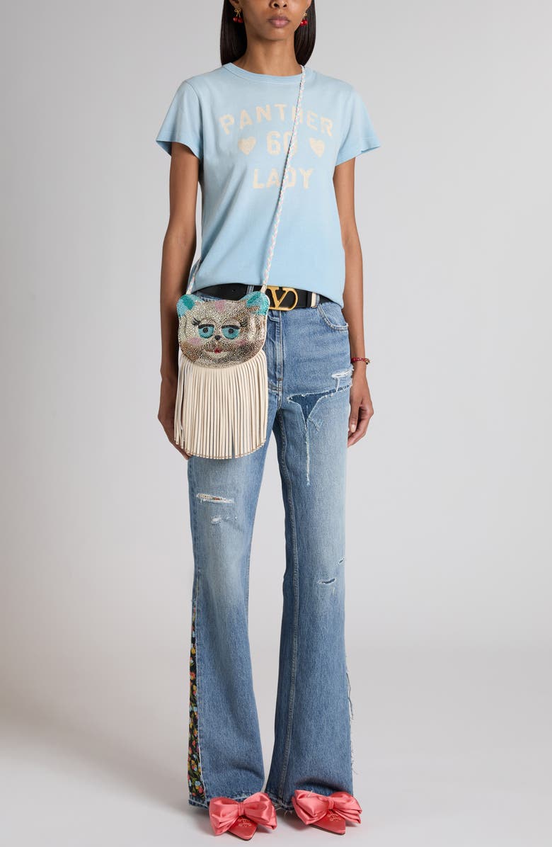Valentino Tasche Patched & Distressed Flare Leg Jeans, Alternate, color, Denim