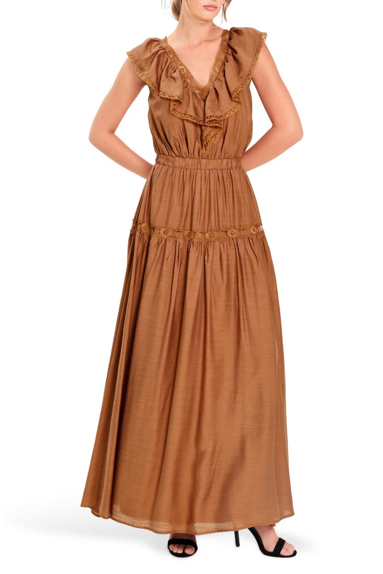 Lace Trim Ruffle Maxi Dress, Main, color, CAMEL