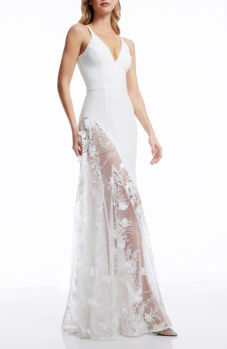 Dress the Population Gianna Lace Panel Crepe EveningGown, Alternate, color, Off White