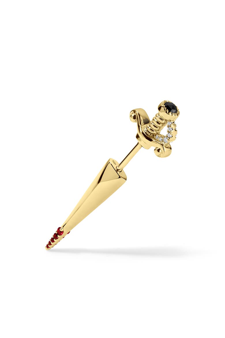 Black & White Diamond & Ruby Sword Single Stud Earring, Main, color, YELLOW GOLD