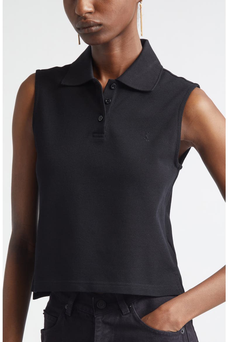 Cassandre Embroidered Sleeveless Cotton Piqué Polo, Alternate, color, NOIR