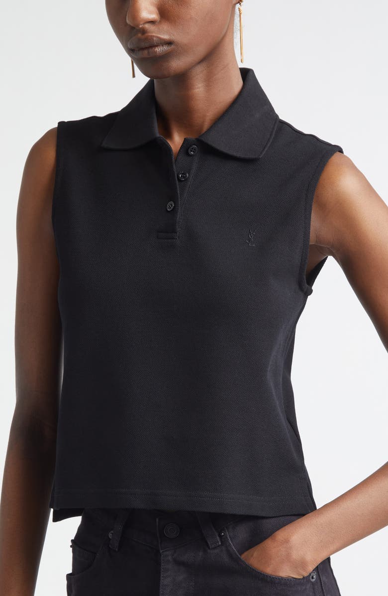 Saint Laurent Cassandre Embroidered Sleeveless Cotton Piqué Polo, Alternate, color, Noir