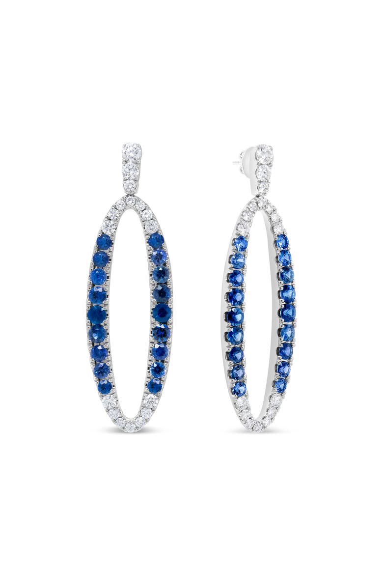 18K White Gold 1 1/10 Cttw Diamond & Sapphire Openwork Oval Shaped Dangle Earrings, Alternate, color, White