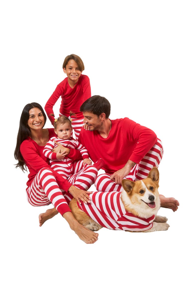Leveret Two-Piece Striped Cotton Matching Family Holiday Pajamas, Alternate, color, Solid Red Top 
Striped Pant