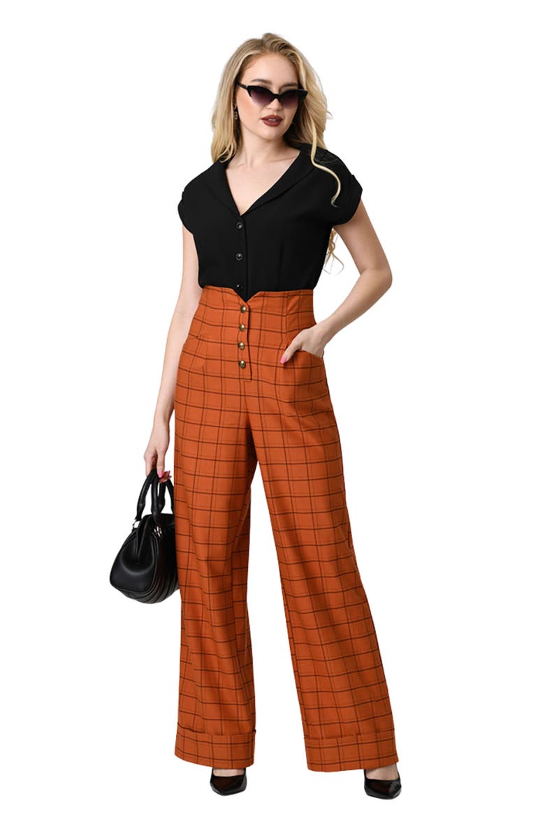 Unique Vintage 1940s Buttoned Wide Leg Trousers, Main, color, Orange Plaid