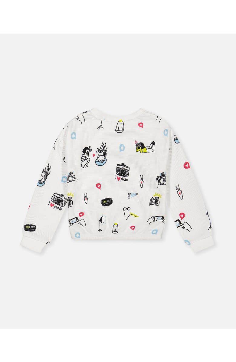Deux par Deux Little Girl's Elastic Waist Waffle Top Off White Camera Print, Alternate, color, 