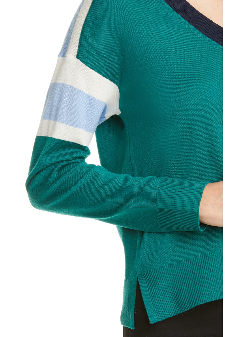 Stripe V-Neck Merino Wool Sweater, Alternate, color, SPRUCE/ SKY BLUE/ NIGHT