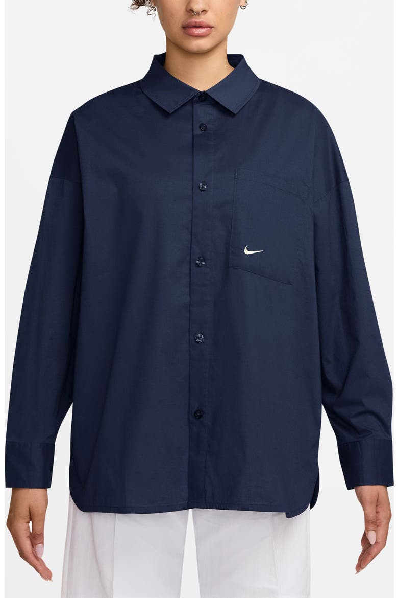 Sportswear Chill Stretch Cotton Poplin Button-Up Shirt, Main, color, MIDNIGHT NAVY/ SAIL