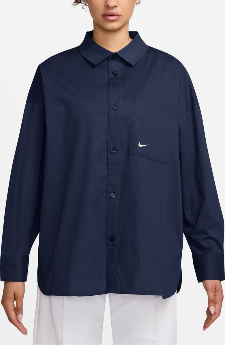 Nike Sportswear Chill Stretch Cotton Poplin Button-Up Shirt, Main, color, Midnight Navy/ Sail