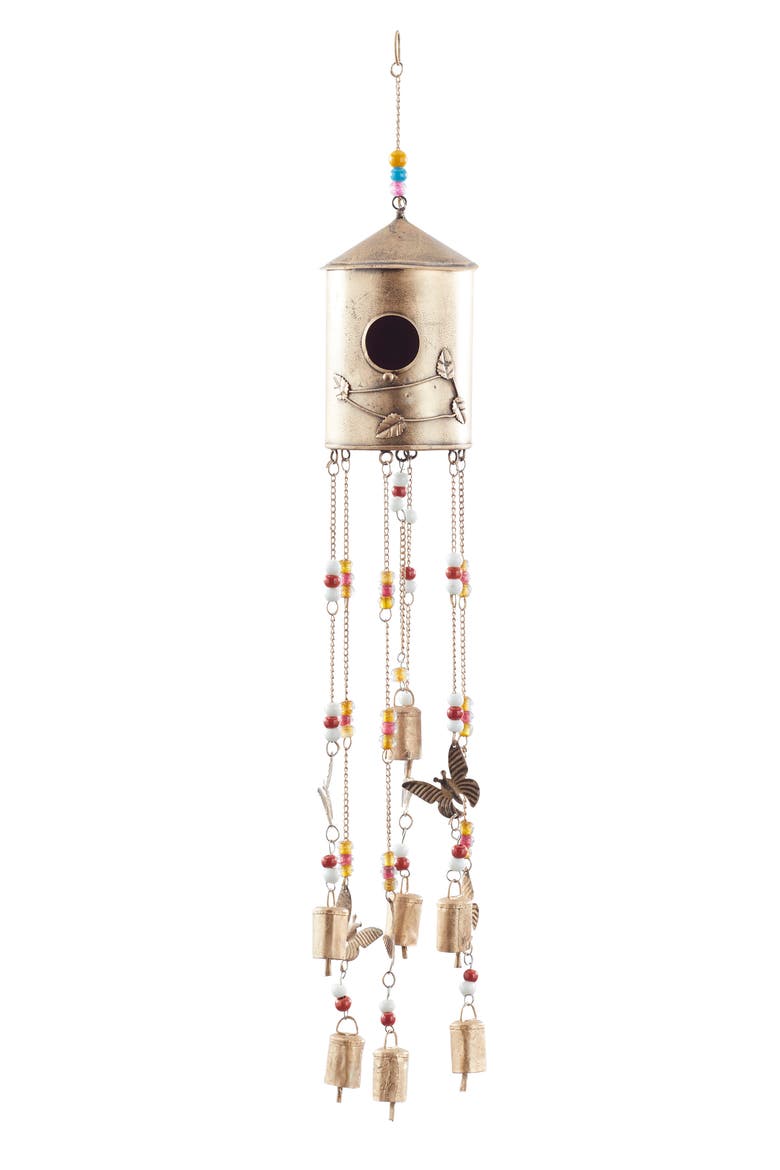 with Glass Beads and BellsWindchimeBronze Metal Indoor Outdoor Birdhouse Butterfly, Main, color, BRONZE