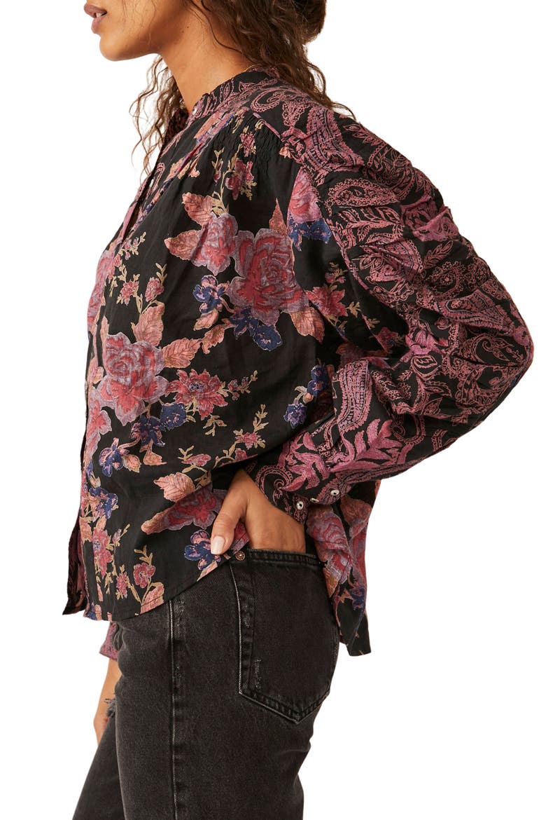 Maraya Floral Print Cotton Button-Up Blouse, Alternate, color, BLACK COMBO