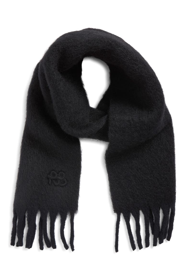 Monogram Embroidered Fringe Scarf, Alternate, color, BLACK