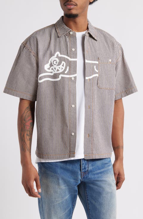 Running Dog Short Sleeve Denim Graphic Button-Up Shirt