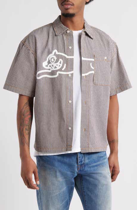 ICECREAM Running Dog Short Sleeve Denim Graphic Button-Up Shirt