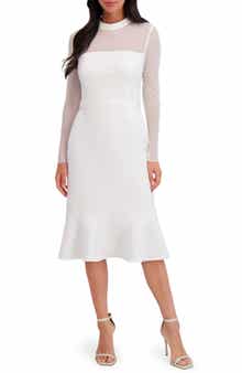 London Times Embellished Illusion Long Sleeve Midi Dress