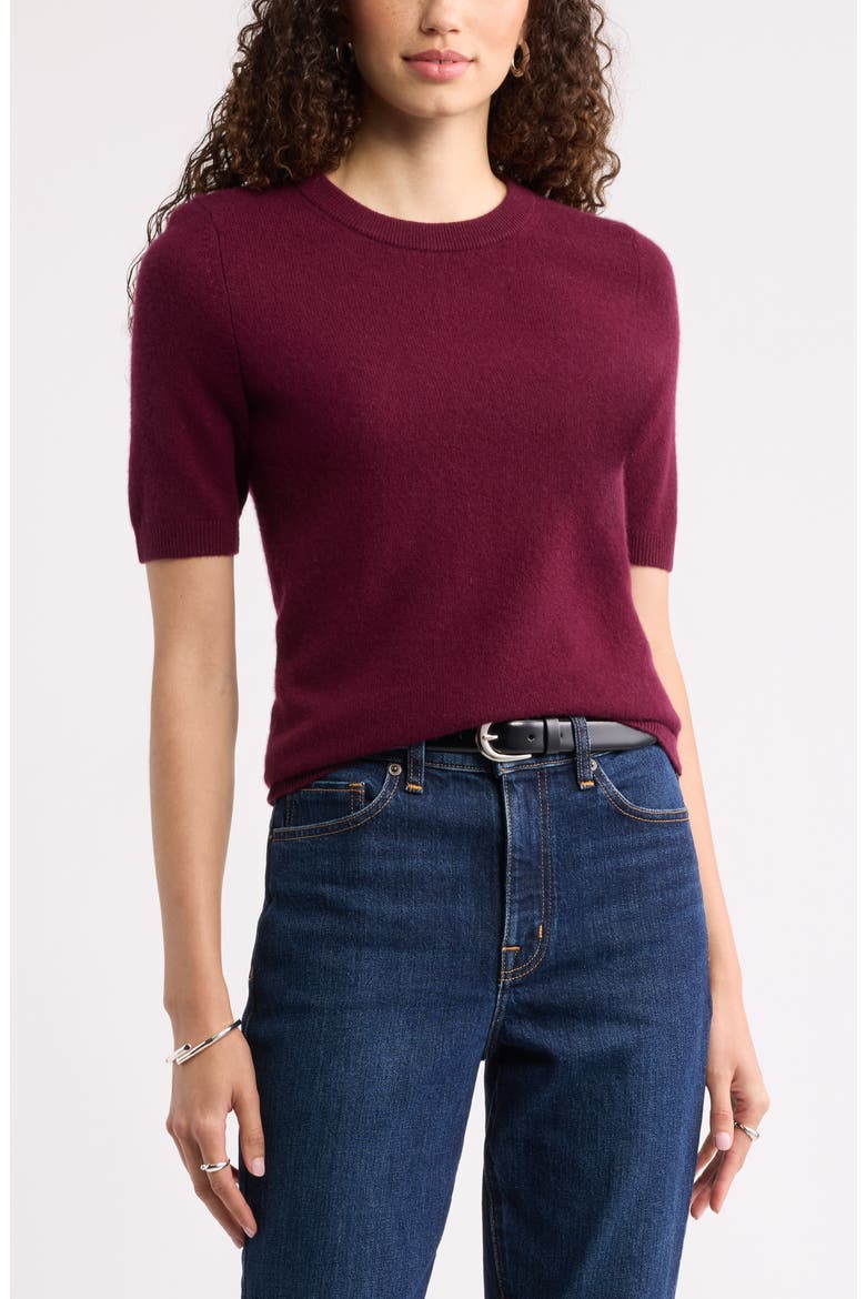 Cashmere Short Sleeve Crewneck Sweater, Main, color, BURGUNDY FIELD