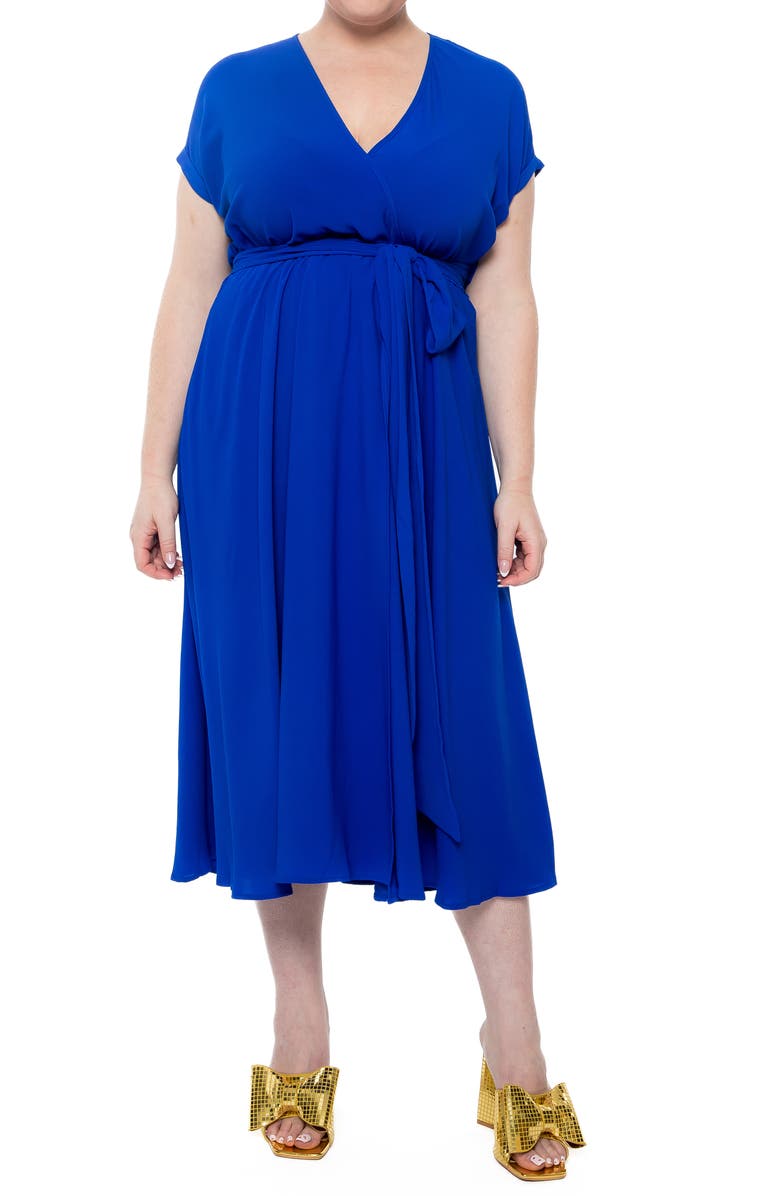 MEGHAN LA Jasmine Short Sleeve Faux Wrap Midi Dress, Main, color, Royal