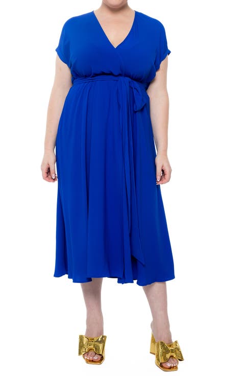 Jasmine Short Sleeve Faux Wrap Midi Dress (Plus)