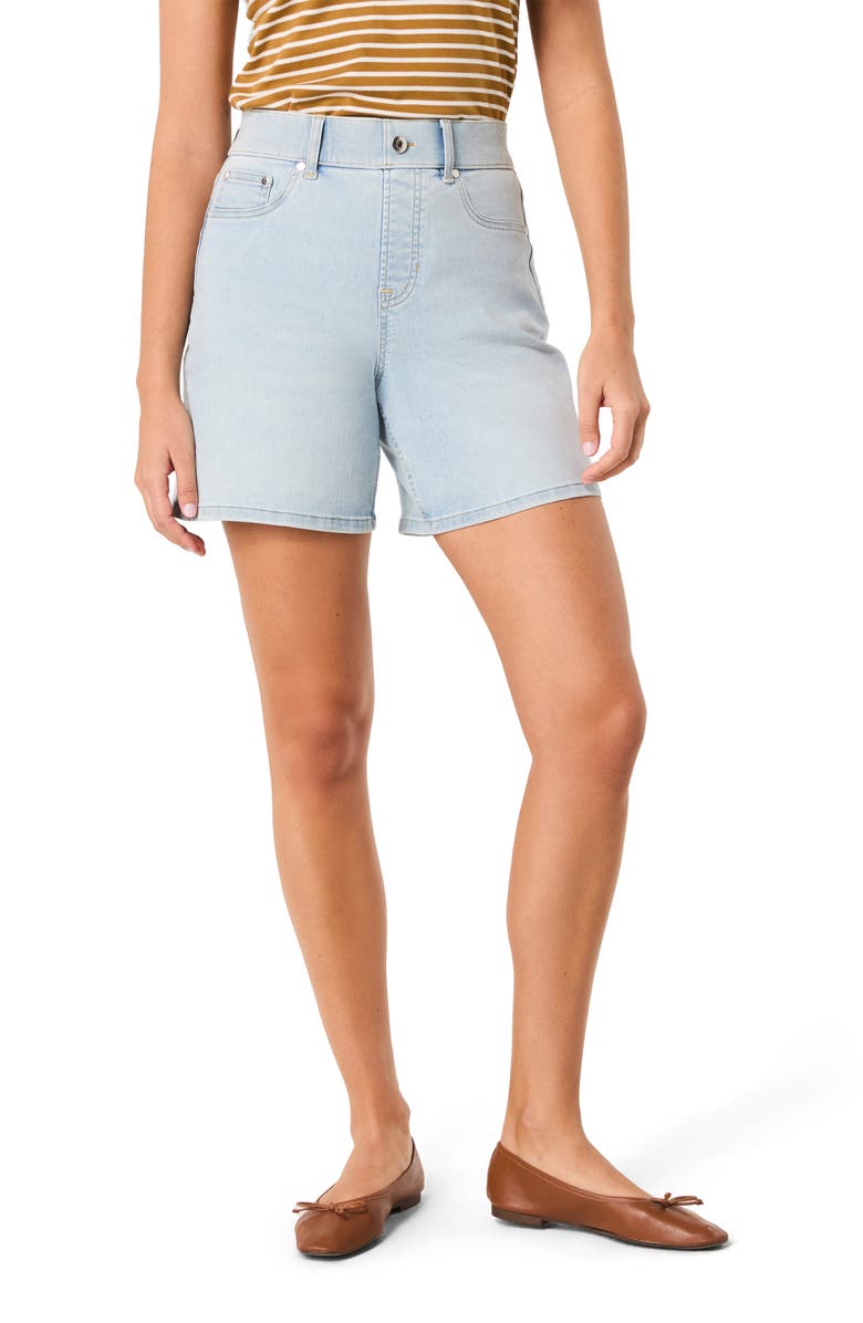 SPANX<sup>®</sup> Pull-On High Waist Mid Thigh Denim Shorts, Main, color, Turner Wash