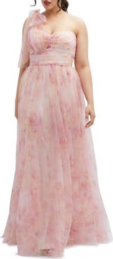 Dessy Collection Floral Tulle One-Shoulder Gown