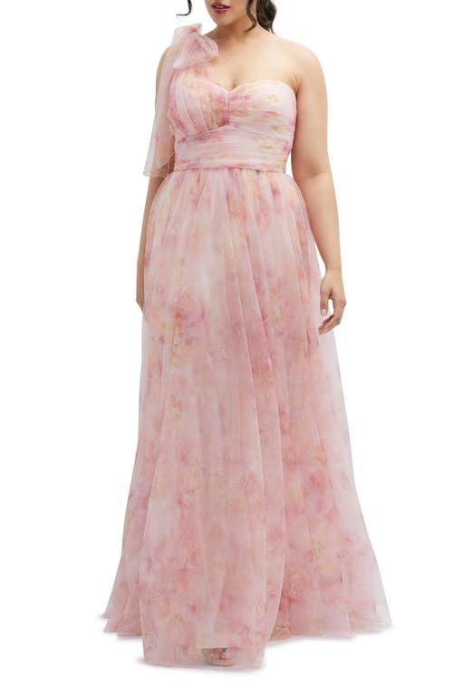 Dessy Collection Floral Tulle One-Shoulder Gown in Rose Garden 