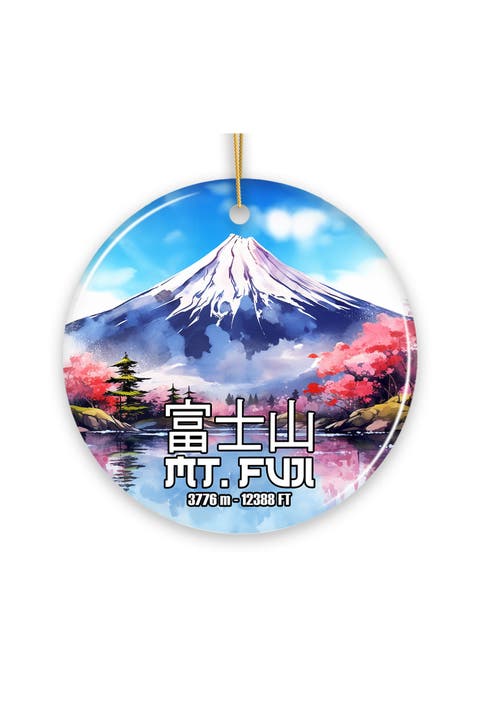 Mt Fuji Cherry Blossom Lake Round Ceramic Ornament