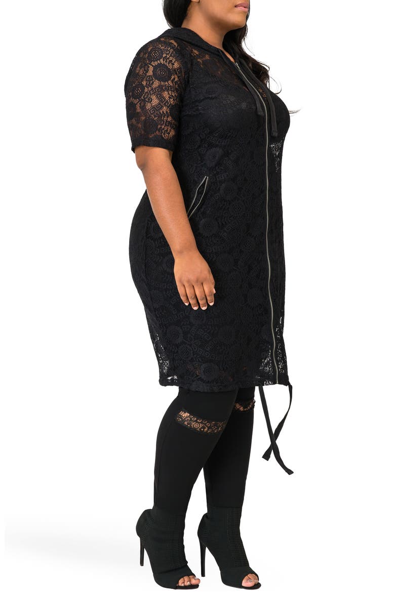 Kenny Zip-Up Sheer Lace Hooded Jacket, Alternate, color, BLACK