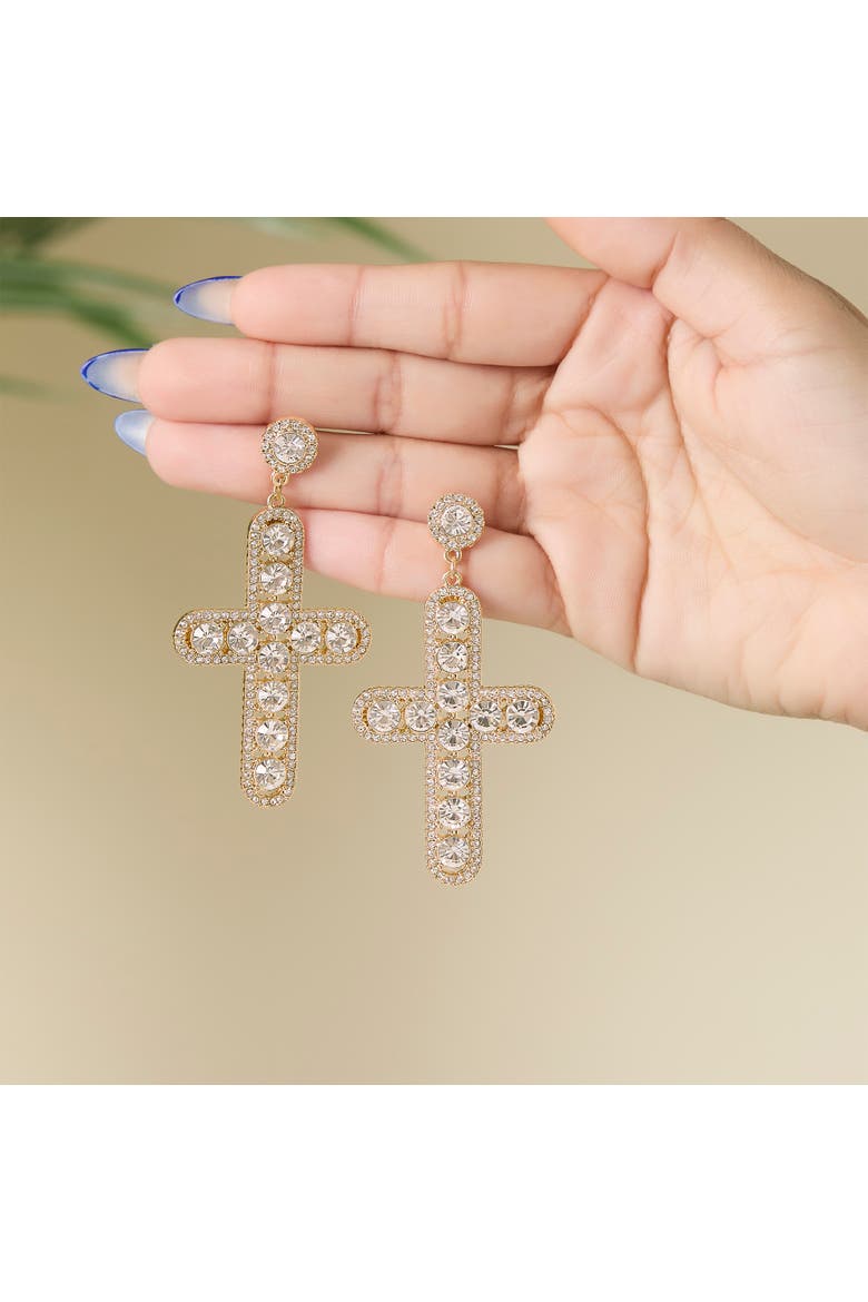 Crystal Cross Drop Earrings, Alternate, color, Gold