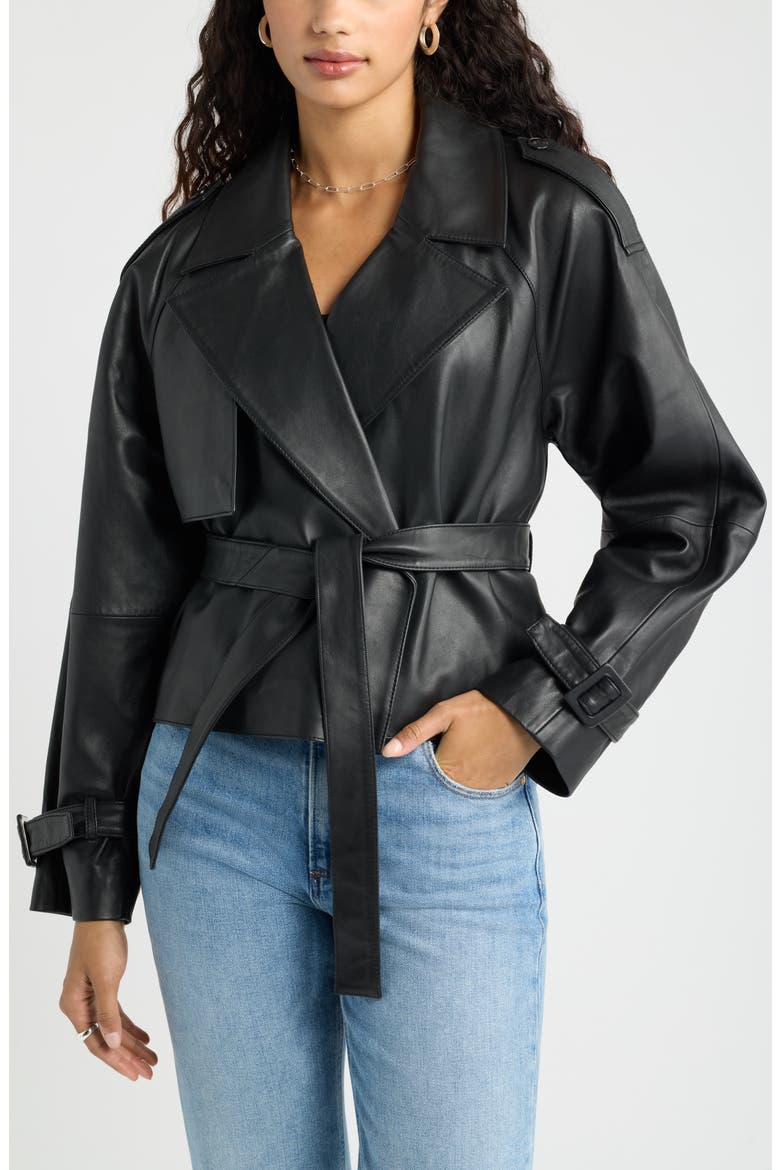Cropped Leather Trench Jacket, Main, color, BLACK